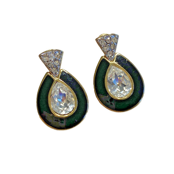 Dressy Pierced Earrings Classic Goldtone Black Enamel & Crystal Doorknocker Chic - Picture 1 of 5